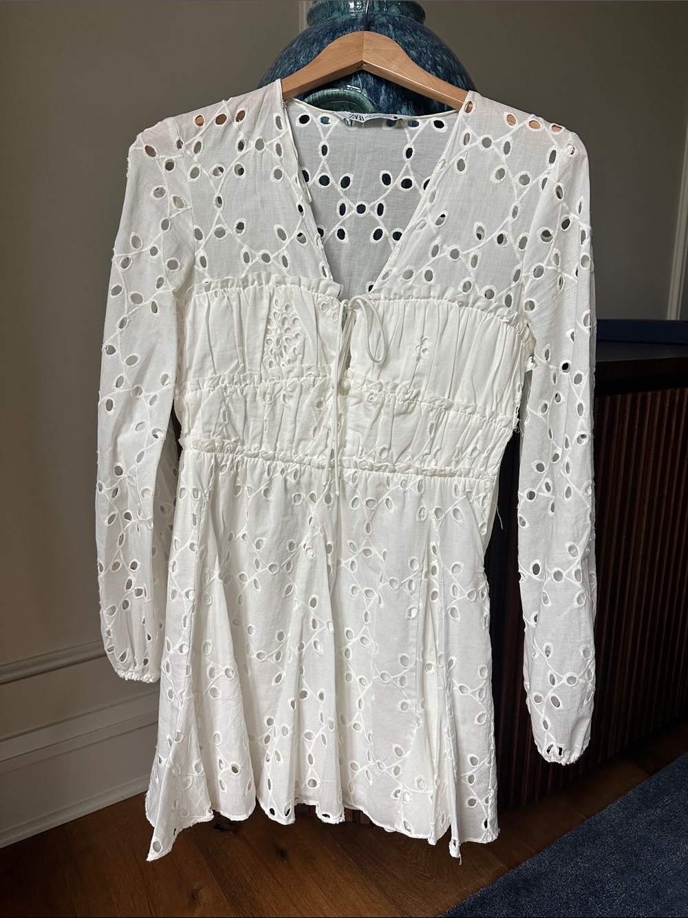 Zara White Eyelet Long-Sleeve Mini Tea Dress